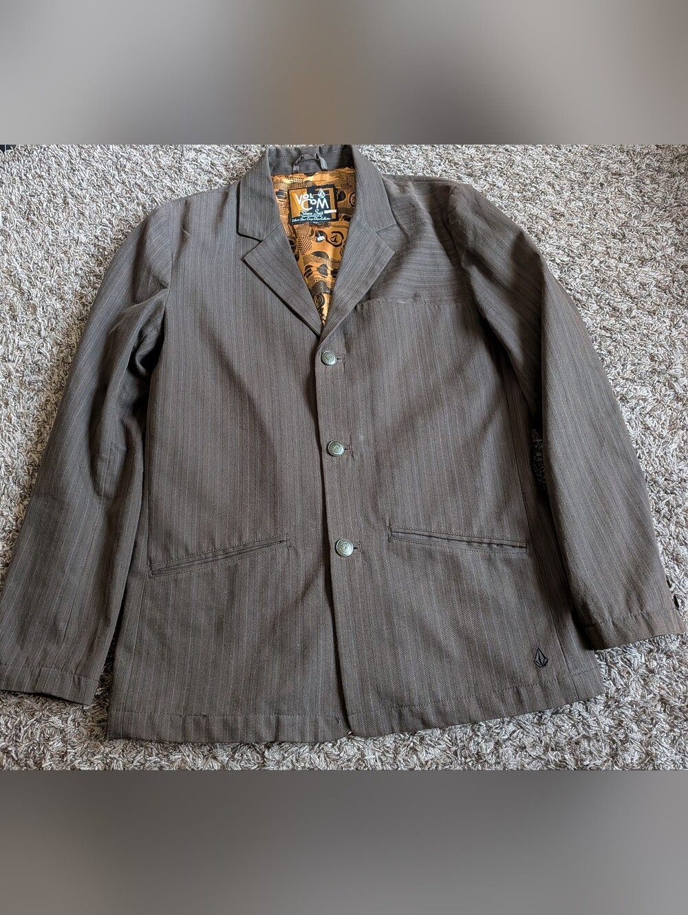Volcom Stone Brown Striped Cotton 3-Button Blazer Suit Jacket Men's L NWOT